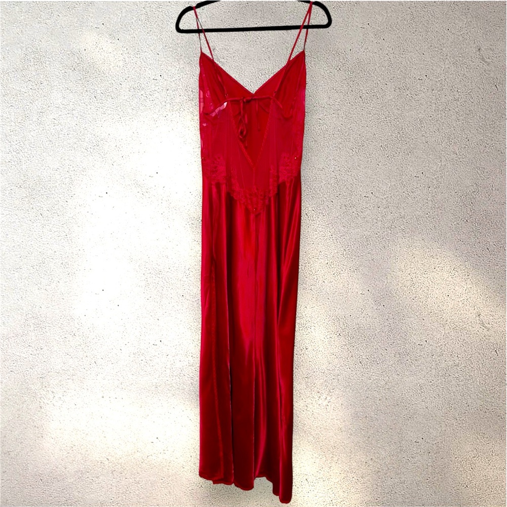 Vintage 90s Y2K Victoria's Secret Long Red Satin Lace Slip Dress Backless Sheer - Picture 2 of 8